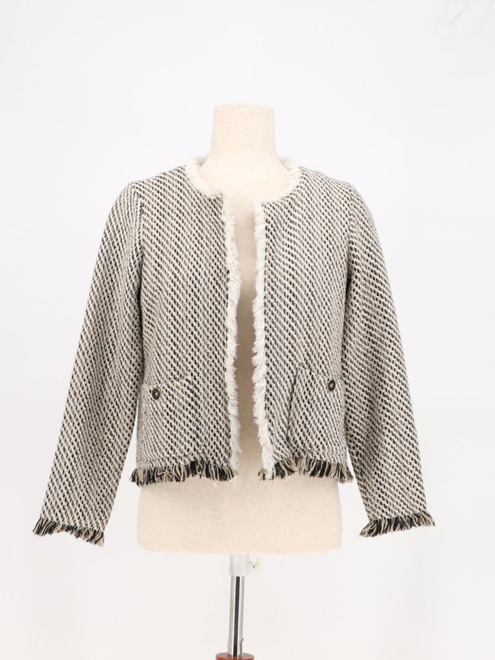 SPARTINA 449 Lettie Tweed Open Front Jacket Ivory Black Size S